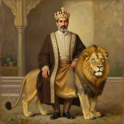 oil painting of shah of iran, shah is wearing a crown, a lion is standing by his side