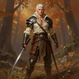 fullbody portrait of a beautiful fit young elf male ranger, with fluent cloths, leather armor, open shirt, by greg rutkowski and alphonse mucha, d & d character, gradient brown to white, autumn background, highly detailed portrait, digital painting, artstation, concept art, smooth, sharp focus illustration, artstation hq