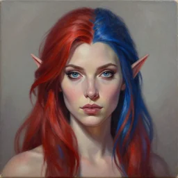A detailed matte oil on canvas head on symmetrical portrait of a distinguished elven woman with red  and blue hair (((((makeup))))) by Charlie bowater and lise deharme wlop, trending on artstationhd,  dungeons and dragons art, critical role, split hair dye, half and half dye, two tone dye