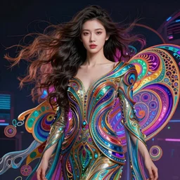 a super realistic young woman, magical, cyberpunk, windblown, intricate, synthwave, retrowave, colorful, vibrant, highly-detailed, elegant, dramatic lighting, gorgeous face, lifelike, photorealistic face, long luxurious intricate gown, digital painting, artstation,  illustration, concept art, smooth, sharp focus, art by Jude Palencar, John Collier, artgerm, and Albert Aublet and Krenz Cushart and Artem Demura and Alphonse Mucha