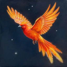 An intricate painting of a vibrant firebird in flight among falling stars by johfra bosschart and eugène grasset and edmund deluc and ralph horsley, art nouveau, tarot card, trending on artstation, fiery illumination