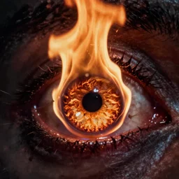 fire in the pupil, photoshoot, lomo, 4 k, evil, realistic