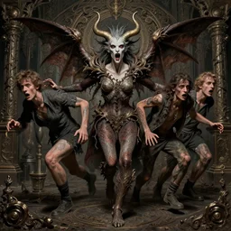 people running terrified of the lucifer, high detail, 8k, ornate, dark fantasy, realistic, masterpiece, complex, WLOP, by Pablo Picasso and Greg rutkowski, centered