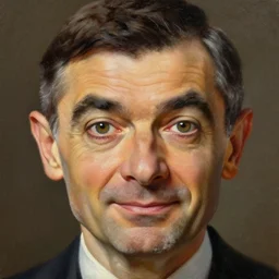 up close portrait of mr bean, face, gorgeous lighting, dramatic lighting and composition, award winning oil painting