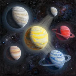 A beautiful painting of a five planets, shining its light by greg rutkowski and thomas kinkade, There are five planets that are black, white, yellow, red, and blue, behind the galaxy and the universe, Trending on artstation