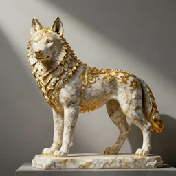 gorgeous wolf statue with gold filigree : : carved marble