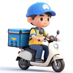 delivery driver on moped delivering packages, extremely high quality, artistic rendering, cartoon, sharp, no blur, edited, white background