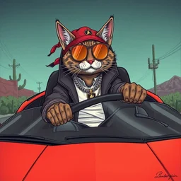 a cartoon gangster rapper cat, super fashionable driving a lamborghini, in tucson arizona, style by moebius and kim jung gi and barlowe wayne