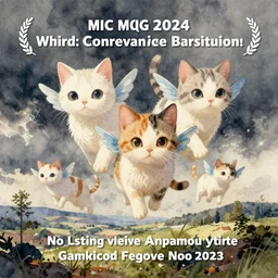 watercolor illustration style, flying cute cats with tiny blue wings