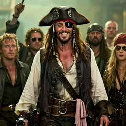 jason statham in a pirate hat with an eye patch grinning after just rick rolling an entire group