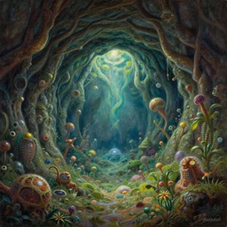 fantasy oil painting, portal to hidden underground place with microscopic magic forest world, art by brothers hildebrandt, book cover illustration, sharp focus, extremely detailed