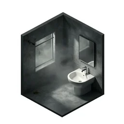 isometric modern bathroom in wall tiles, gloomy and foggy atmosphere, octane render, artstation trending, horror scene, highly detailded