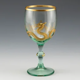 fine old venetian wine glass, the bowl supported by a sea serpent design in pale sea - green glass, enriched with gilding