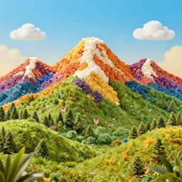 a landscape shot of a mountain range made out of food, vivid colors, dreamlike