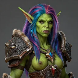 beautiful greenskin orc girl with multicolored hair character world of warcraft portrait, concept art, intricate details, highly detailed photorealistic portrait in the style of adam hughes, seseon yoon, artgerm and warren louw