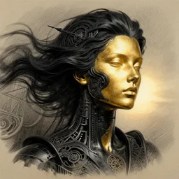 epic pencil drawing illustration, gold bodypaint, neobrutalistic, digital abstract sculpt of beautiful female face and black swirling latex acrylic portrait, black latex sculpt, minimalism, mechanical superstructure, strong wind, sacred geometry, 8 k, cinematic, magic hour, beautiful light, sculpture of carving marble, dark colors, filigree ornaments, one point light, clockwork, filmstill