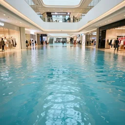 photo of inside a shopping mall the inside is flooded with over 2 0 meters depth of clear beautiful water, highly detailed.