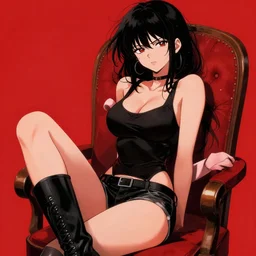 sexy girl with black hair, wearing a low cut tanktop and boots, sitting in a chair, red and black color palette, in the style of greg rutkowski, high quality anime artstyle, intricate