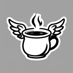 logo of a pot of coffee with wings, black and white, line art