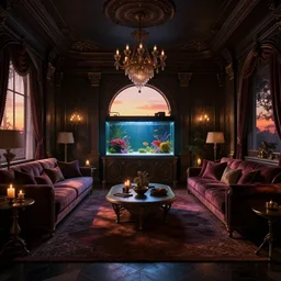 a very dark dreamy luxury modern maximalist steampunk artnouveau living room, aquarium with beautiful tropical fish, candlelight, sunset glow, dark shadows, octane render, volumetric lighting, raytracing, symmetrical wide shot low angle