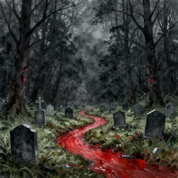 graveyard in a dark and gloomy forest and red stream, dark gray sky with red rain, watercolor painting