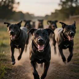 realistic photo first person perspective, happy black dogs stampede towards camera, attacking and chasing me, dramatic lighting, early evening, professional photography, high detail, cinematic lighting, unreal engine