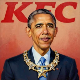 portrait of Barack Obama with the top text KFC wearing an enchanted starbelt jonas de ro tony sart howard pyle alexander benois mikhail vrubel acrylic artwork