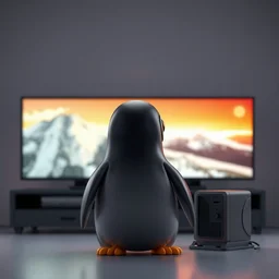 3 d logo, glitch penguin watching tv, octane render unreal engine