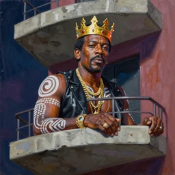 palette knife oil painting portrait of richard pryor, a king - with gold crown with rubies, man in mafia wear and australian aboriginal body paint, concrete balcony, nightclub, artstation trending, artgerm, any racial background, deviant art, hipster, octane, substance, art history 8 k