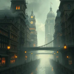 a cyberpunk digital art of a victorian - era street with tall and intricate buildings, a bridge, a river, beautiful digital art, filthy, volumetric lighting, thick smog, steam, orange street lamps, highly detailed, professional, washed out colors