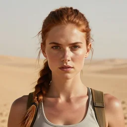 fantasy concept art, frontal portrait of a young woman, auburn hair in a ponytail, sun - kissed face, natural makeup, ( ( no scars ) ), athletic, slavic features, serious demeanor, ( tomb raider ), desert background, in the style of ruan jia, high detail, uplit, 8 k