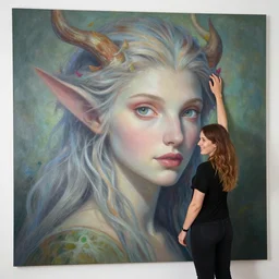 a high quality professional studio photograph with beautiful detailed face of a happy woman proudly showing off her huge wall sized mural painting of a beautiful new creature from folklore, clear detailed view. ethereal fantasy art by greg rutkowski