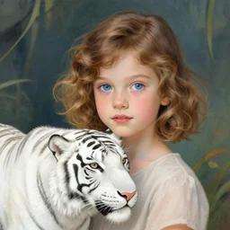 a cute seven year old girl with short wavy curly light brown hair and blue eyes with a white tiger by artgerm and greg rutkowski and alphonse mucha