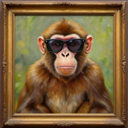a painting of a monkey with sunglasses in the frame by greg rutkowski