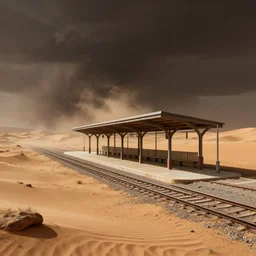 “ a train station in the martian desert, raytracing, martian sand storms, 8 k wallpaper, dark colors, octane render, volumetric, hyperrealism, illustration, trending on artstation, pinterest ”
