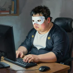 a insanely detailed painting of a chubby masked asian man wearing a costume sitting at a desk, staring at the nervously at the computer typing, in the style of peter mohrbacher, dramatic lighting and composition, trending on artstation, concept art, comic book