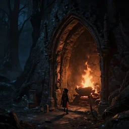 dark dungeon, cold light leaking from outside, warm fire light inside, arvalis