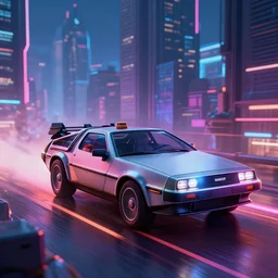 delorean in a cyberpunk city with skyscrapers, artstation award winner, digital art, volumetric lighting, neon colors, short telephoto, octane render, highly detailed