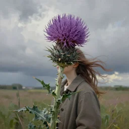 portrait, large thistle flower head, girl wearing a coat in field, surreal photography, wind, cloudy sky, dramatic light, impressionist painting, digital painting, artstation, simon stalenhag