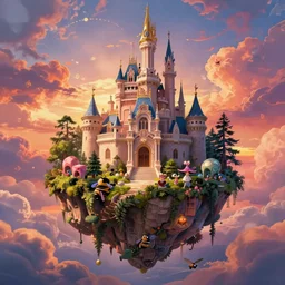 a floating island, on the island is a huge beautiful rococo fairy castle within a magic forest, sunset sky with fluffy clouds vibrant colors candyland wonderland by artgerm and greg rutkowski and magali villeneuv art beeple, by thomas kinkade hearstone league of legends dofus beatrix potter