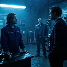 movie scene of a mechanic being questioned by detective at his garage workshop. cool blue lighting, moody vibe, rainy day, dark knight ( 2 0 0 8 ) set in 1 9 8 2. light haze. cinemascope. scorcese. david fincher se 7 en. fred herzog