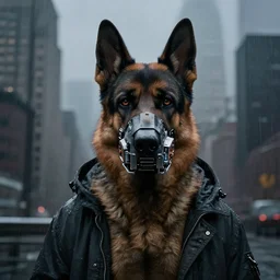 new york city portrait of furry anthro anthropomorphic german shepard head animal person fursona wearing clothes strange cybernetic augmentations muzzle dystopian gloomy dark sad rainy cyberpunk digital art by Greg Rutkowski, Simon Stalenhag, trending on Artstation, CGSociety