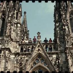 7 0 s film still from a horror movie about people standing on top of cathedrals, kodachrome, cinecolor, cinestill, film grain, film texture, retro, cinematic, high resolution, photorealism,