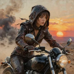 extremely detailed hyperrealistic oil painting, close - up of a woman dressed in leather with a hood riding a motorcycle, post apocalyptic landscape, sunset, lots of dust and smoke clouds, rule of thirds by kim jung gi and mark brooks