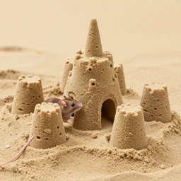 dslr photo still of a mouse inside a perfect sandcastle, 8 k, 8 5 mm f 1. 4