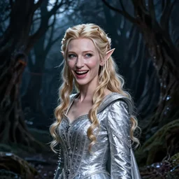 portrait of dangerous, playful, mischievous  young Galadriel (Cate Blanchett) as a queen of elves, dressed in a refined silvery costume. The background is a dark, chilling eastern europen forrest.  night, horroristic shadows, higher contrasts, (((lumnious!))), theatrical, character concept art by ruan jia, thomas kinkade, and J.Dickenson, trending on Pinterest