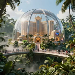 movie still frame, glass dome, luxurious futuristic city dome with hotels and casinos inside a lush jungle, bridges with tourists, beautiful composition, sunny, steam, 8 k, cgi, by ridley scott, james cameron, zack snyder and michael bay