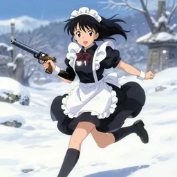 portrait of anime maid maid dress with gun in hands running winter, anatomically correct!! by greg rutkowski, key visual, kyoto animation, makoto shinkai, studio ghibli kushart krenz pixiv, sharp, detailed, high quality, award winning