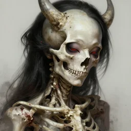 stunning asian demoness of skull, portrait, bones, skull, dirt, bloody, elegant, highly detailed digital painting, by artgerm, sean yoro, wlop, chie yoshii