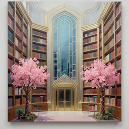 a painting of an art deco library with pink flowers, cyberpunk art by wadim kashin, cgsociety, panfuturism, cityscape, dystopian art, anime aesthetic